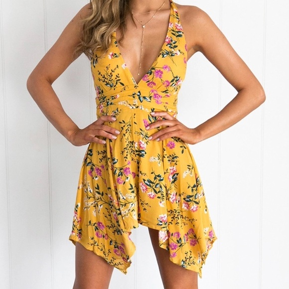 wander boutique Pants - NEW 🌿 Mustard Floral Flowy romper